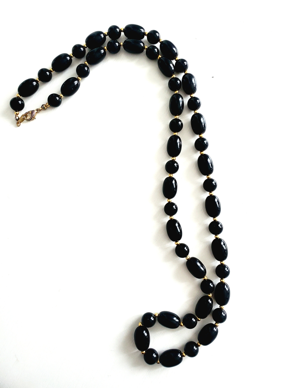 Classic Black Bead Necklace with Gold Accents - Vintage